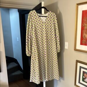STINE GOYA A-Line Dress Green and Pink Bishop Sleeve